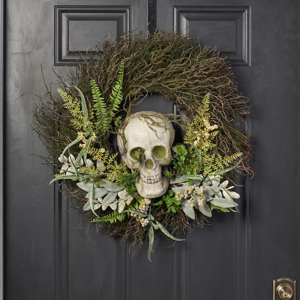 Spooky Skeleton Skull, Wispy Twig & Fern Fall Front Door Wreath Gothic Halloween Decor