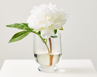 White Peony Water Illusion Faux Floral Arrangement in Small Clear Glass Urn