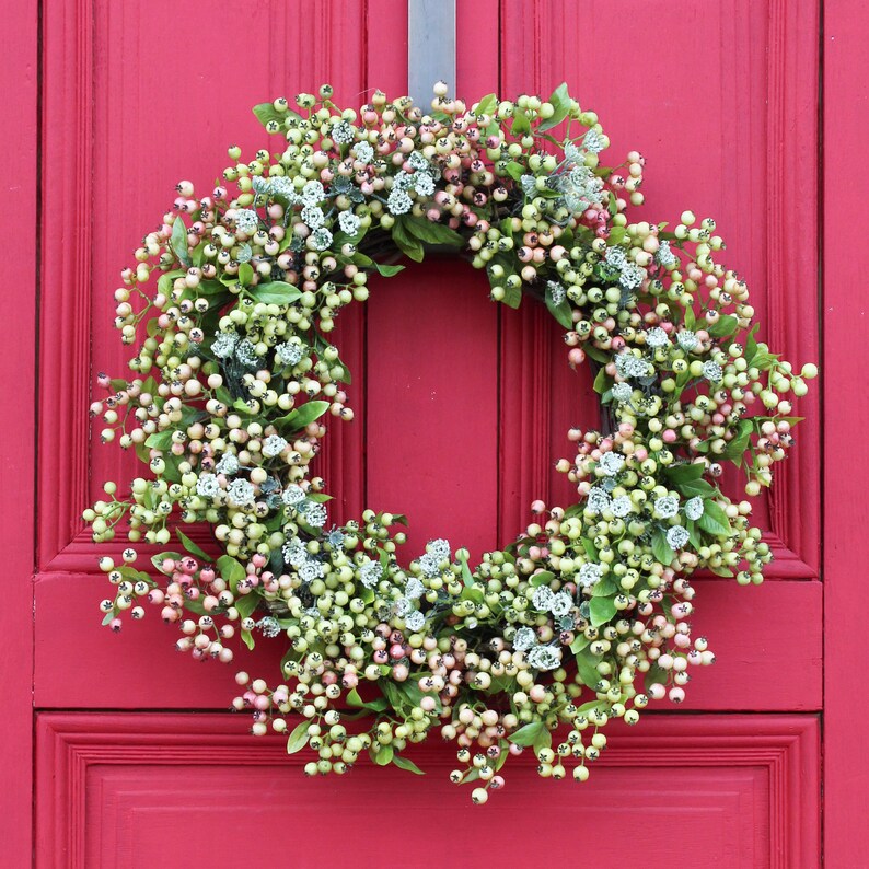 Pink & Green Pepperberry and Queen Annes Lace Front Door Spring Wreath image 5