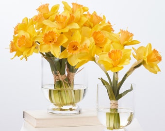 Lifelike Yellow Daffodils Spring Water Illusion Arrangement In Footed Glass Urn - 2 Size Options