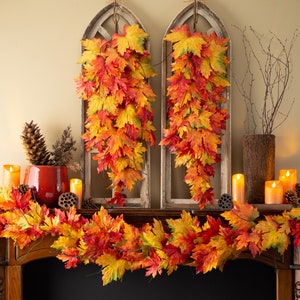 Autumnal Red, Yellow & Orange Tri-Tone Maple Leaf Classic Fall Front Door Swag