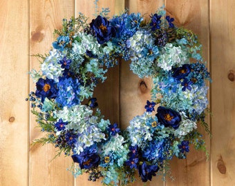 Shades of Blue - Hydrangea, Magnolia & Juniper Spring Summer Front Door Wreath