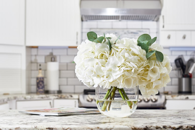 Large White Hydrangea & Eucalyptus Arrangement in Rounded Glass Vase image 2