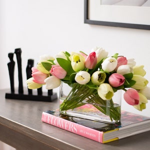 Real Touch Green, White & Pink Mixed Tulip Spring Summer Faux Floral Water Illusion Arrangement in Oval Glass Vase image 4