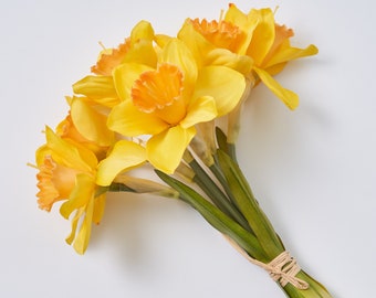 Yellow Silk Daffodil Faux Floral Bouquet Bundle of 6 Wired Stems - 12"