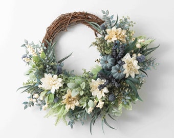 Autumn Sea Breeze - Eucalyptus, Cream Dahlia & Weathered Pumpkin Aquamarine Coastal Front Door Fall Wreath