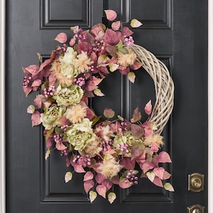 Mauve Mist - Green Peony, Purple Berry, Puff Ball Seed Pods & Mauve Aspen Leaf on Wicker Base Fall Front Door Wreath