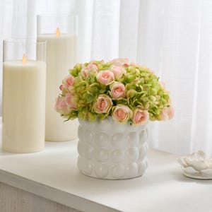 Lifelike Green Hydrangea & Blush Pink Mini Roses in Modern White Bubble Vase Faux Spring Floral Centerpiece Arrangement