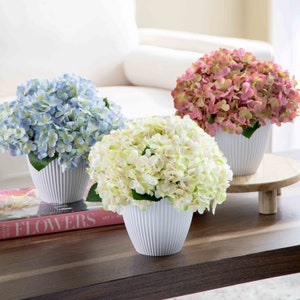 Faux Hydrangea Bouquet Spring Summer All Seasons Arrangement in White Ridge Planter Vase - Six Colors
