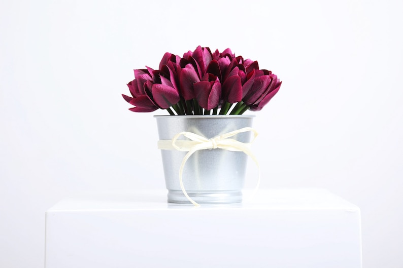 Mini Tulip Faux Floral Everyday Spring Arrangement Centerpiece in Metal Tin Purple Mini Tulip