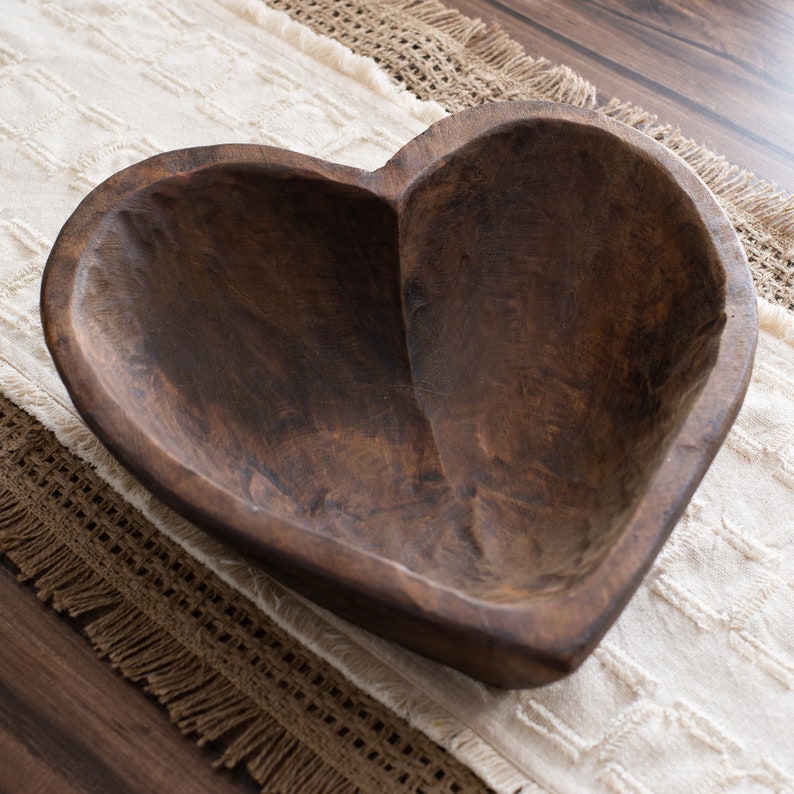 Hand Carved Spanish Oak Wood Heart Shaped Bowl 2 Size Options Large