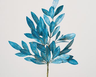 Blue Holiday Bay with Gold Brushed Leaves Faux Winter Christmas Spray - 23"
