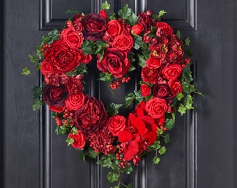 50 Shades of Red - Red Rose, Hydrangea & Ranunculus Valentine's Heart Wreath
