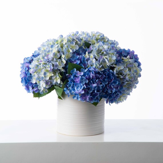 Image of Vase of mixed blue and purple hydrangeas