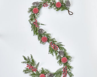Snow Flocked Pine & Pinecone, Frosted Red Berry Christmas Mantle Garland Winter Table Runner