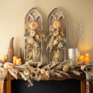 Mixed Pumpkin & Gourd Corn Husk Fall Harvest Front Door Swag
