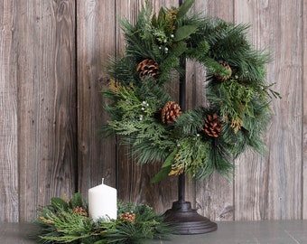 Classic Holiday Greens & Pinecone Holiday Mini Wreath or Candle Ring Centerpiece