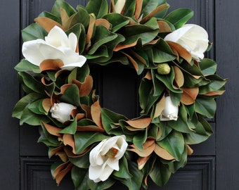 Classic Real Touch White Magnolia All Seasons Front Door Wreath  30"