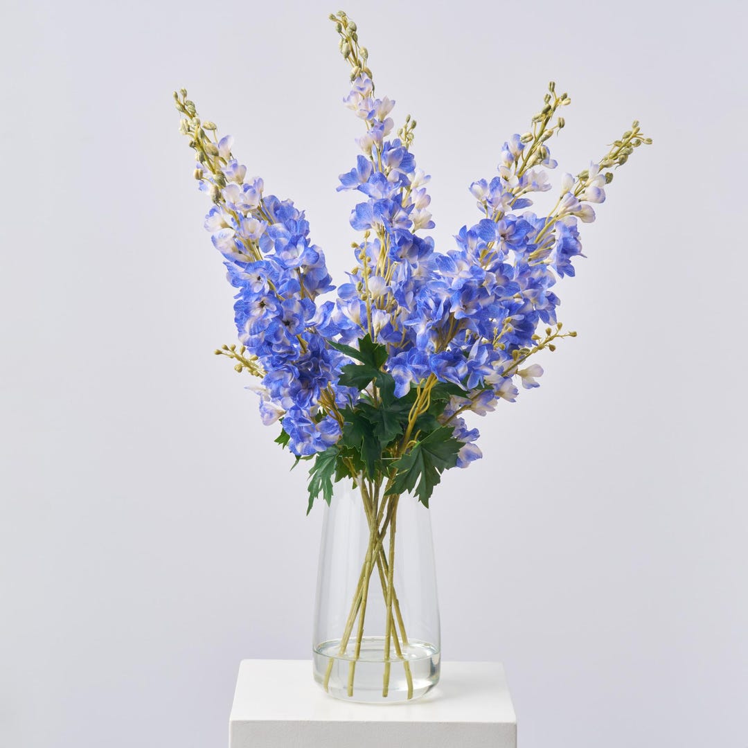 Large Blue Delphinium Flowering Blooms in Tall Teardrop Vase Spring ...