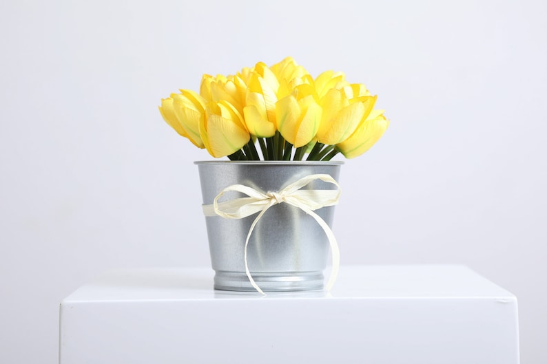 Mini Tulip Faux Floral Everyday Spring Arrangement Centerpiece in Metal Tin Yellow Mini Tulip