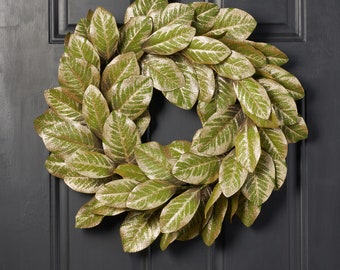 Green & Gold Metallic Magnolia Leaf Front Door Holiday Wreath Shimmering Christmas Mantle Decor