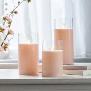 Moving Flameless LED Pink Glass Pillar Candles with Remote - Set of 3