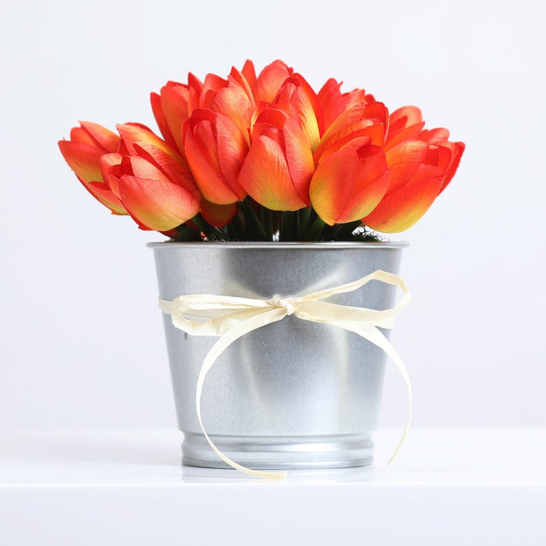 Mini Tulip Faux Floral Everyday Spring Arrangement Centerpiece in Metal Tin Orange Mini Tulip