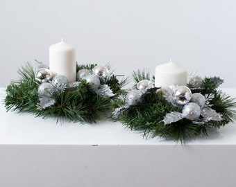 Silver Glitter Ornament & Pine Christmas Mini Wreath Candle Ring