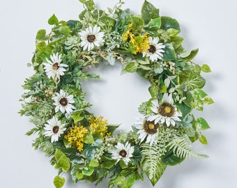 White Sunflower, Yellow Hydrangea & Potato Leaf Greenery Spring Summer Front Door Wreath