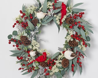 Birds & Berries Cardinal Pinecone Winter Holiday Wreath