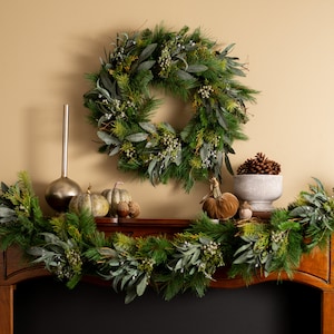 Seeded Eucalyptus & Christmas Pine Winter Holiday Mantle Garland Table Runner