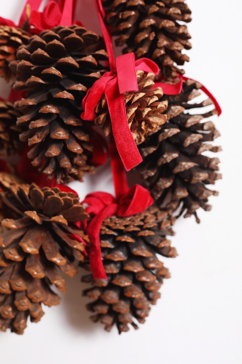 Multi Pinecone Christmas Hanging Decor Garland Chair Back Swag with Red Velvet Ribbon