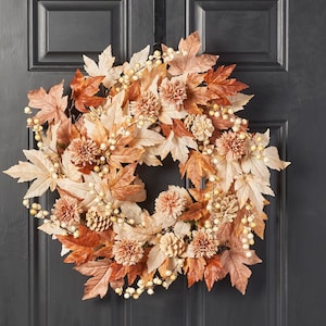 Natural Elegance - Autumn Brown Cream Maple Leaf & Berry with Mini Cafe Au Lait Mums Fall Front Door Wreath