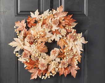 Natural Elegance - Autumn Brown Cream Maple Leaf & Berry with Mini Cafe Au Lait Mums Fall Front Door Wreath