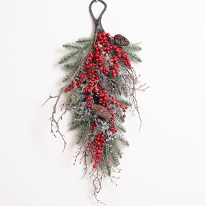 Multi Pinecone Christmas Hanging Decor Garland Chair Back Swag with Red Velvet Ribbon