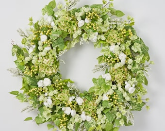 Hortensia y bayas blancas todos los días Primavera Verano Corona de puerta principal