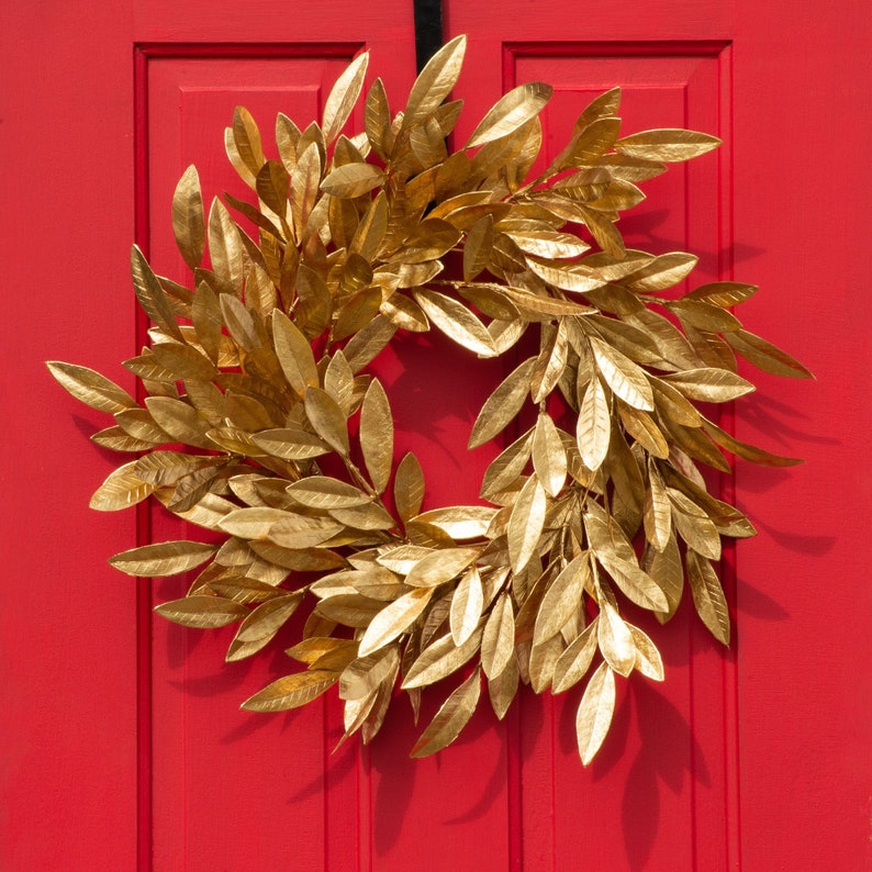Antiqued Gold Bay Leaf Christmas Holiday Front Door Wreath Etsy
