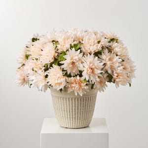 May include: A large arrangement of peach-colored artificial chrysanthemums in a cream-colored, ribbed ceramic pot. The flowers have multiple layers of petals and green leaves. The pot sits on a white surface.