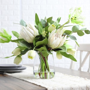 Green Glow - King Protea, Real Touch Parrot Tulips & Mixed Seeding Eucalyptus Everyday Floral Water Illusion Arrangement in Vase
