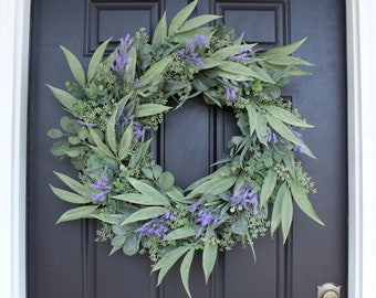 Dusty Green Needleleaf & Mix Seeding Eucalyptus with French Lavender Everyday Spring Front Door Wreath