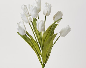 Blumenstrauß aus weißer Seidentulpe mit Blattstiel - 50 cm