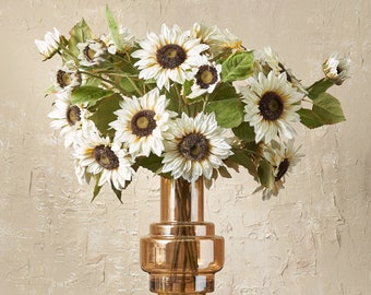 Sunflower Symphony - Cream Sunflowers Everyday Fall Large Floral Arrangement in Tiered Amber Tone Vase