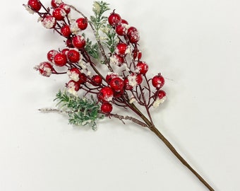 Snow Flocked Red Berry & Glitter Boxwood Christmas Stem Spray - 15"