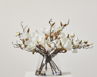 White Magnolia Blooms & Branch Buds in Pyramid Style Vase Everyday Spring Water Illusion
