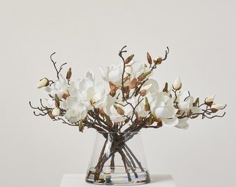 White Magnolia Blooms & Branch Buds in Pyramid Style Vase Everyday Spring Water Illusion
