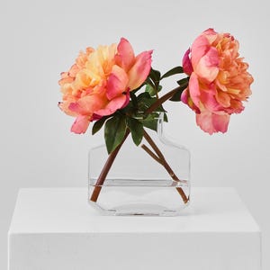 Peony Sunrise - Coral Orange Pink Full Bloom Silk Peony in Factice Style Vase Spring Flower Water Illusion Arrangement