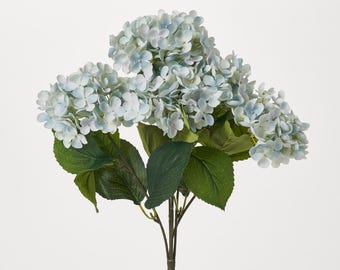 Powder Blue Silk Hydrangea Blooms Faux Floral Bush Stem Bouquet - 18"
