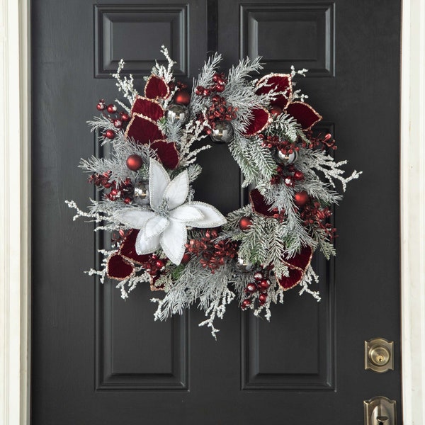 Welcome to Tinseltown - Snowy Pine, Glitter Aspen Leaf, Metallic Berry & Velvet Poinsettia Christmas Front Door Wreath