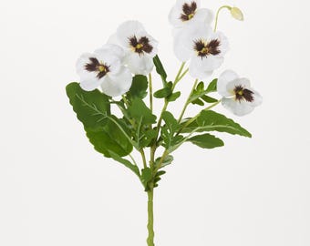 White Faux Floral Silk Pansy Spray with Wired Stems - 15"