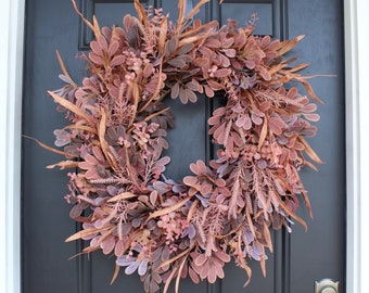 Terracotta Ombre Privet Leaf, Blush Astilbe & Eucalyptus Summer Fall Front Door Wreath